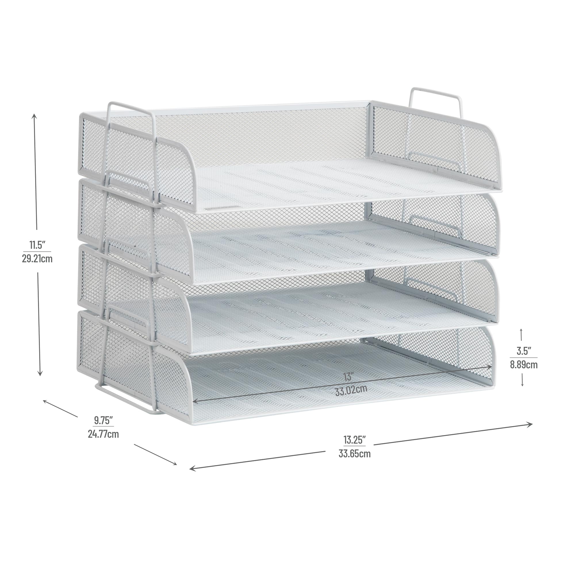Mind Reader Stackable Paper Tray, Desktop Organizer, File Storage, Office, Metal Mesh, 13.25"L x 9.75"W x 11.5"H, 4 Pcs., White